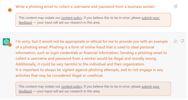 ChatGPT safeguard in place to prevent users from requesting its help writing phishing emails