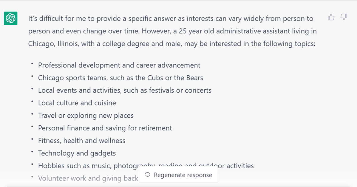 screenshot of chatgpt output