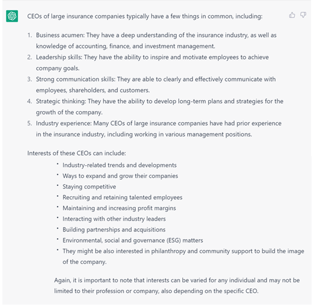 conversation in which ChatGPT discusses interests of CEOs of large insurance companies