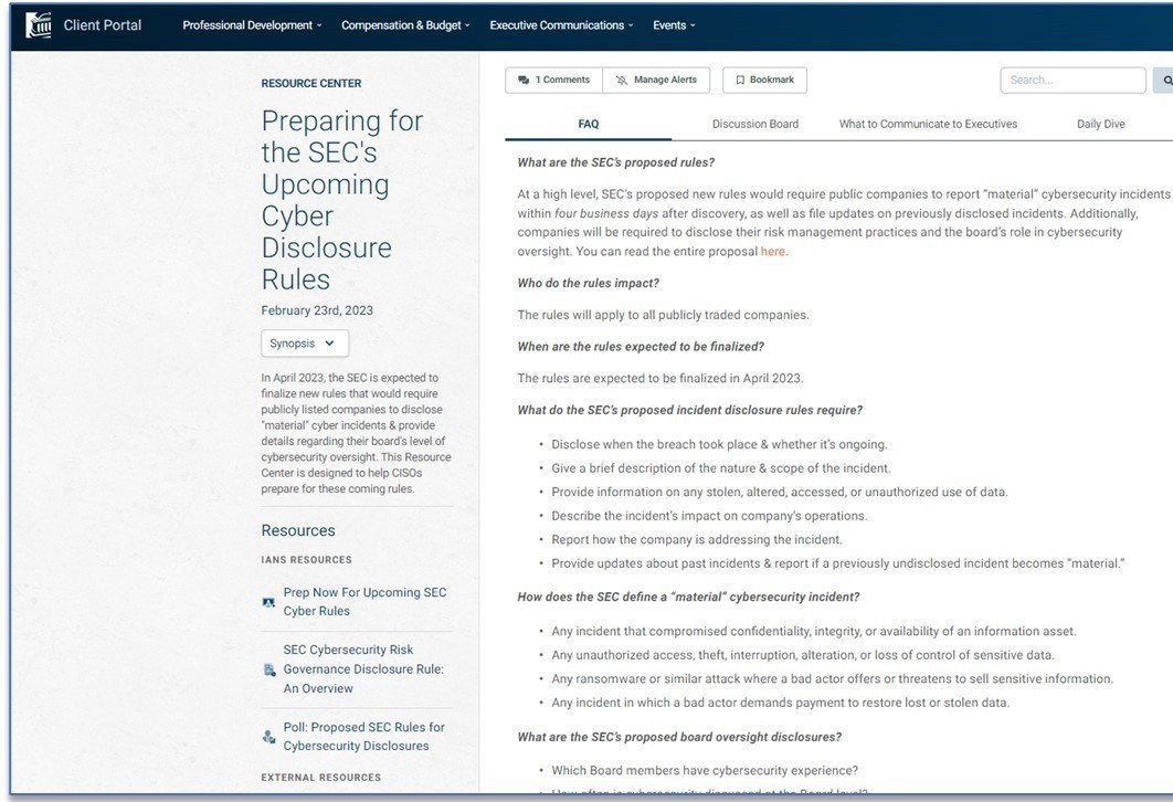 Image of IANS SEC Cyber Disclosure Rules Resource Center Portal 