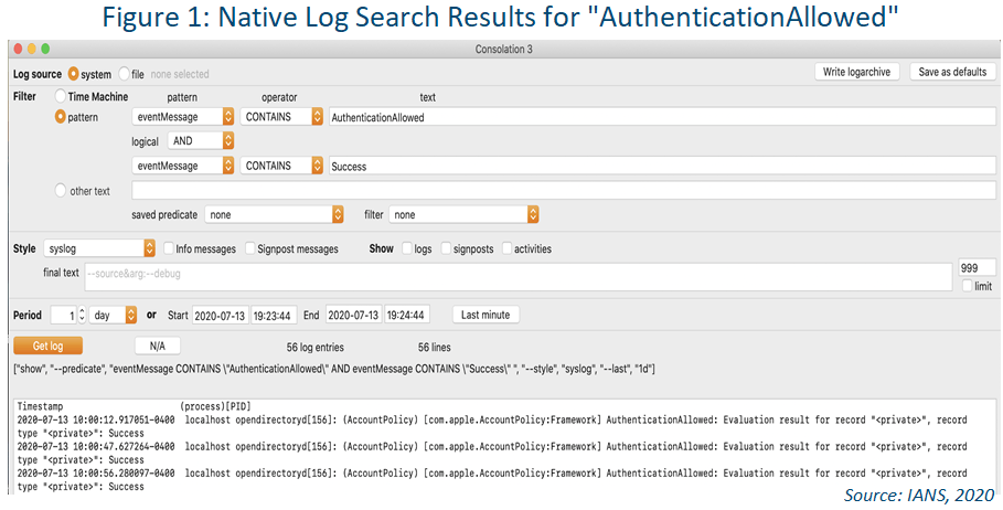 screenshot of native log search result macos